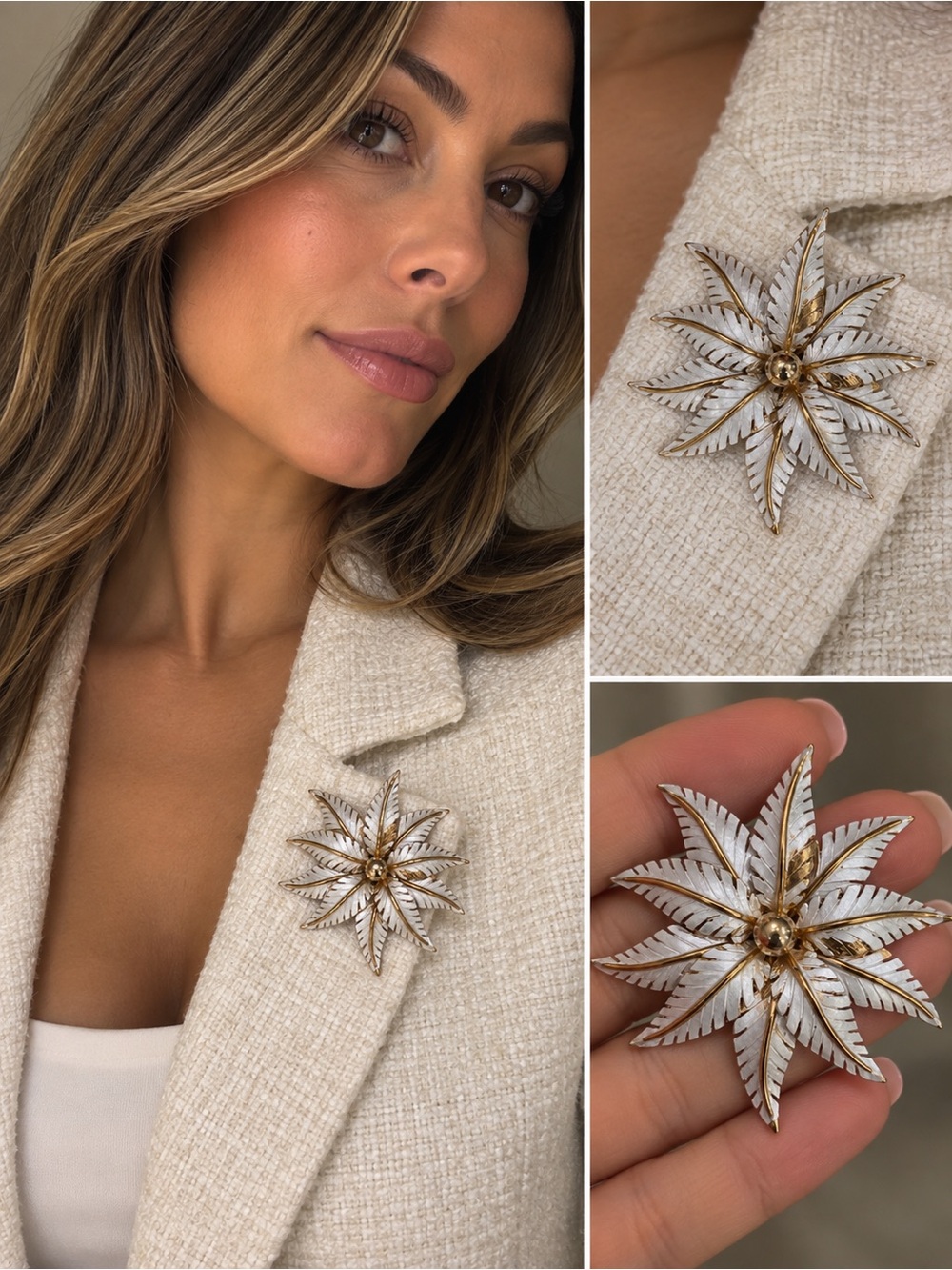 Elegant White and Gold Flower Brooch - Women Jewelry
